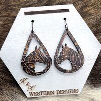 Patterned Wood Horse Head Teardrop Earrings