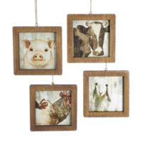 Wooden Frame Farm Animals Ornaments - Set of 4