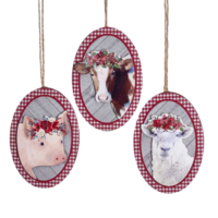 Wooden Oval Farm Animals Ornaments - Set of 3